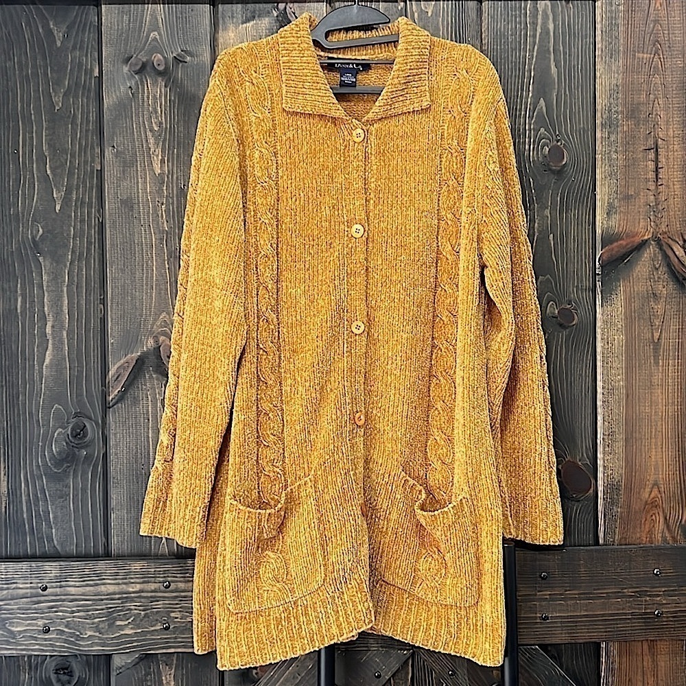 Denim & Co.‎ Button Cardigan L Golden Brown Chunky Ribbed Cable Knit Relaxed Fit